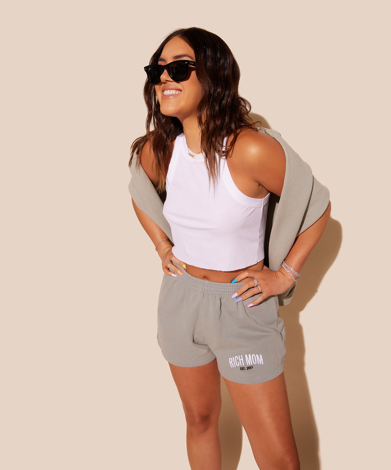Tinx wears Rich Mom Gear: Essentials Shorts in Viche Grey